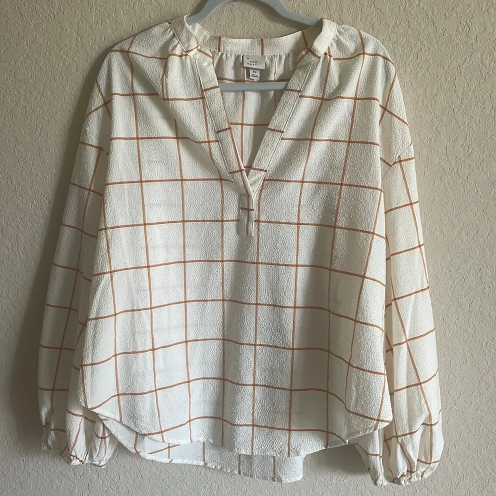A New Day Plaid Long Balloon Sleeve Blouse - Picture 1 of 4